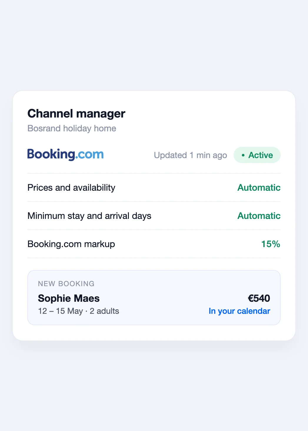 Channel manager settings in Bookinghook with an active Booking.com connection