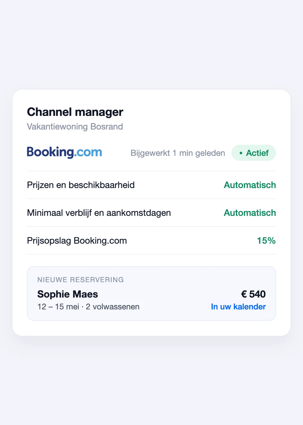Channel manager-instellingen in Bookinghook met een actieve koppeling met Booking.com